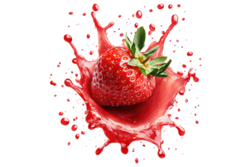 Fresh strawberry with red juice splash isolated on white or transparent, PNG