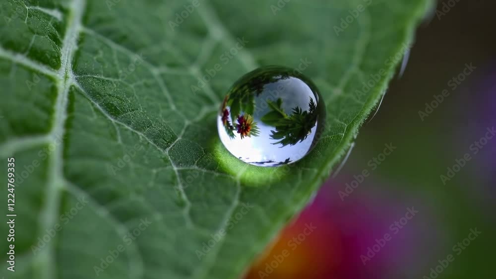 Poster a macro shot of a raindrop clinging to a vibrant leaf, reflecting the surrounding garden in perfect 
