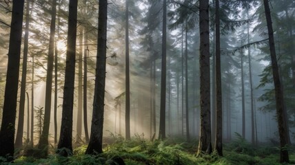 Sunlight pierces through the mist in a tranquil evergreen forest at dawn