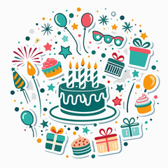 Festive birthday cake with gifts, balloons, and party favors.