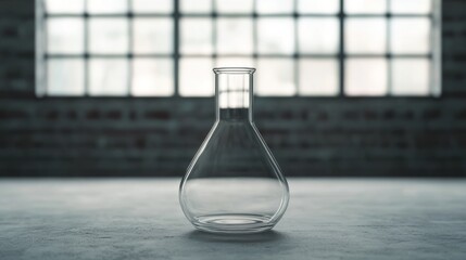 Empty glass flask on a table in front of a large window.