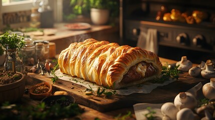 Rustic Kitchen Scene with Freshly Baked Beef Wellington, Invoking Tradition of Home-Cooked Meals and Family Gatherings