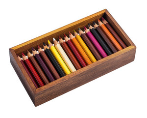 Naklejka premium box of colored pencils neatly arranged in wooden case, showcasing vibrant hues. Perfect for artists and creative projects, this set inspires imagination and creativity
