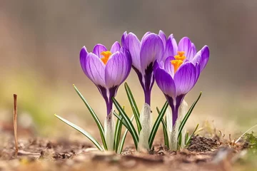  Spring crocus flowers blooming in garden, blurred background © shafiyyah