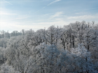 Winter landscape in Germany with frozen frost on trees and fields, drone shot