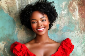 Short hairdo - curly hair. Gorgeous smiling black girl - for ads, ad page and social media use. Commercial ad idea art. Black girl fashion art. African american lifestyle icon. Black model.