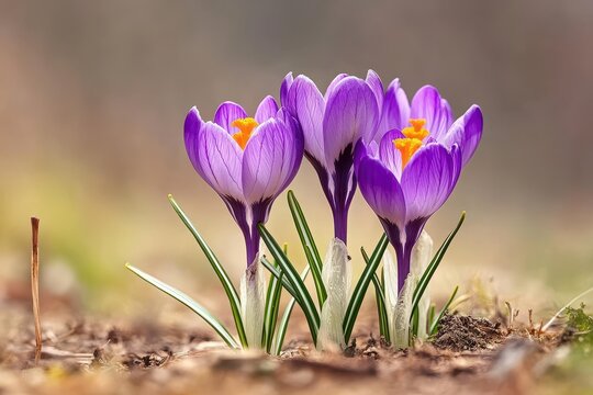 Fototapeta Spring crocus flowers blooming in garden, blurred background