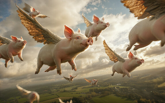 When pigs fly. Surreal image of flying pigs with wings in a whimsical sky