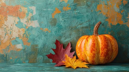 Autumnal Still Life with Pumpkin and Maple Leaves on Teal Background