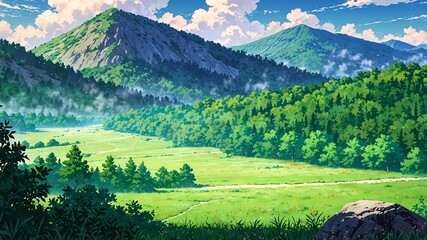 peaceful misty anime valley with vibrant green trees and a serene mountain backdrop