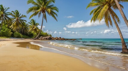Obraz premium Idyllic tropical beach with palm trees and turquoise water under a blue sky