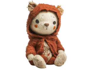 soft and cuddly plush teddy bear style doll with cozy orange hood, perfect for hugs and companionship. This adorable toy brings warmth and joy to any child