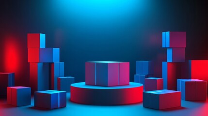  3D rendering illustration of a blue podium with many shipping square boxes stays on a dark background, for an online shopping background