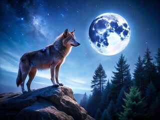 Majestic Lone Wolf on Night Ledge: Moonlit Forest Stock Photo