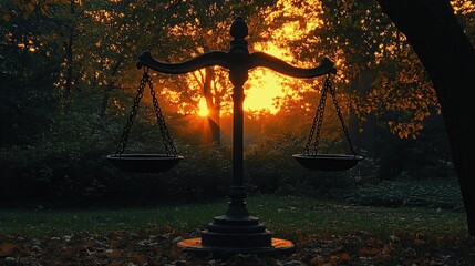 Scales of justice silhouette against a golden sunset in a forest with fallen leaves