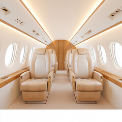 A luxury jet interior, leather seats, polished wood accents, photorealistic rendering, isolated on white background