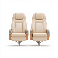 A luxury jet interior, leather seats, polished wood accents, photorealistic rendering, isolated on white background