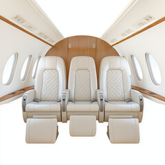 Fototapeta premium A luxury jet interior, leather seats, polished wood accents, photorealistic rendering, isolated on white background