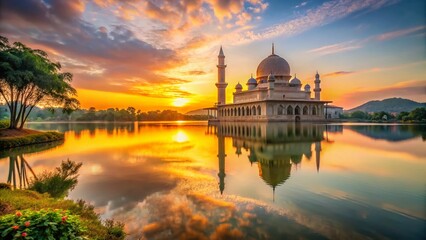 Obraz premium Majestic Mosque Landscape: Dawn Serenity at Islamic Sanctuary