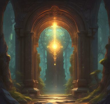 Illustration of glowing portal in new dimension.
