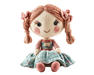 cute rag doll with stitched features, button eyes, and braided hair, wearing colorful dress. This charming toy evokes warmth and nostalgia