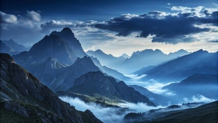 Majestic Mountain Landscape with Fog, Long Exposure Photography - Blue Sky, Nature Scene