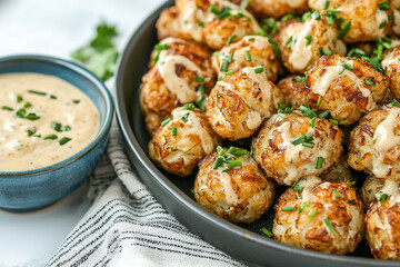 Fototapeta premium Crispy golden potato balls drizzled with creamy sauce, garnished with chives, served in a bowl