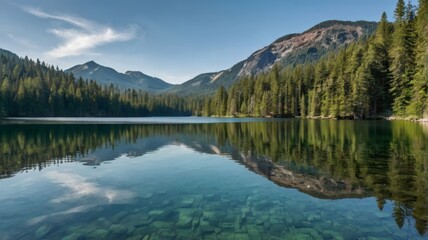 Reflections on the pristine lake surrounded by evergreen forest and mountains