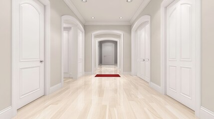 Fototapeta premium Elegant White Hallway Interior Design with Red Carpet