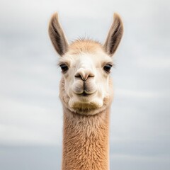 Obraz premium Close Up Portrait of a Gentle Llama Against a Cloudy Sky