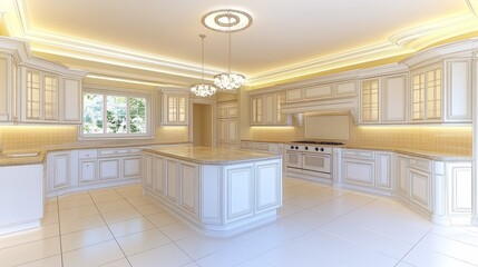 Fototapeta premium Elegant White Kitchen Interior Design with Granite Island