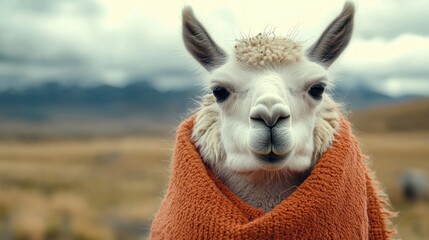 Fototapeta premium Close Up Portrait of a Llama Wrapped in a Warm Blanket in the Andes Mountains
