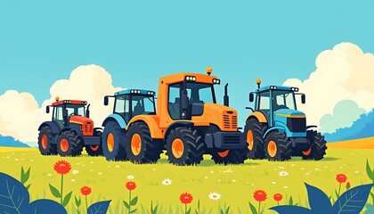 Three Tractors Parked in a Sunny Field of Flowers