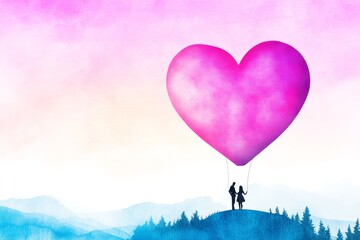 Fototapeta premium A Heart-Shaped Balloon Ride: A Couple's Silhouette - Romantic watercolor painting. A couple holds onto a giant heart-shaped hot air balloon, symbolizing love, adventure, togetherness, dreams, and fre