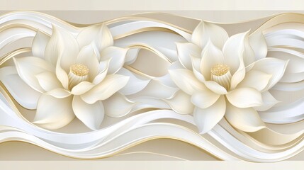 Elegant White Lotus Flowers on Swirling Beige Background