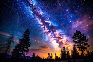 Fototapeta premium Majestic Night Sky Over Silhouetted Trees - Stunning Dark Sky Landscape Photography