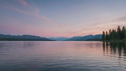 Fototapeta premium Tranquil lake and mountains at dusk with pink sky and reflections