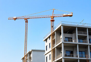 Tower Crane on building construction. Construction crane on Housing. Construction site, Multi Storey Residential Buildings construction. Formworks. Modern Townhome building. Modern House building.
