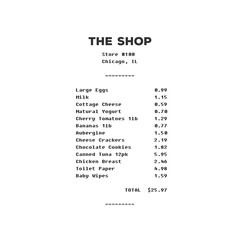 Supermarket paper receipt illustration template. Household expenses basic prices. Transparent PNG...