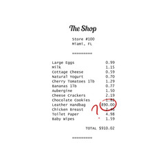 Shopping addiction issues. Secret luxury shopping hidden within grocery store receipt. Marital problem concept. Transparent PNG graphic.