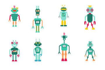 Toy robots collection. Retro style cute robot character illustration set. Transparent PNG graphic.