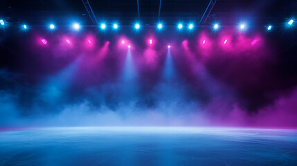 Ice Rink Background. Professional Arena illuminated blue, pink neon lights, spotlights with smoke. Copyspace. Winter poster for hockey competitions. Ice skating. Stadium
