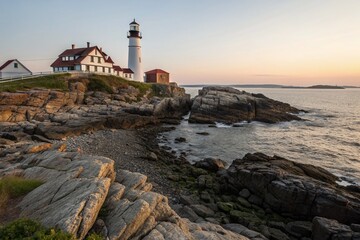 Fototapeta premium Majestic Pemaquid Point Lighthouse & Dramatic Maine Coastline - Stunning Atlantic Ocean Rocky Shore Sunrise
