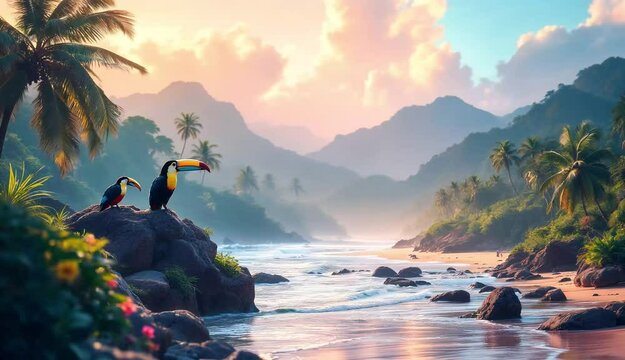 Two toucans perched on rocks overlooking a stunning tropical beach at sunset.  Mountains and palm trees form a picturesque backdrop.
