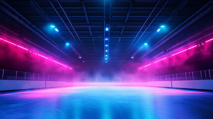 Ice Rink Background. Professional Arena illuminated blue, pink neon lights, spotlights with smoke. Copyspace. Winter poster for hockey competitions. Ice skating. Stadium
