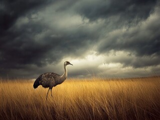 A lone rhea bird walking across the pampas grasslands of Santa Cruz Province, Argentina, with a dramatic sky.