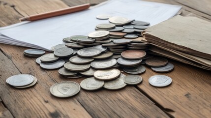 Pile of coins, papers, and pen on wooden table.
