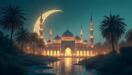 Fototapeta premium Night Mosque Scene with Crescent Moon and Palm Trees