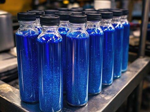 Row of glass bottles filled with bright blue liquid and black caps on a metal surface
