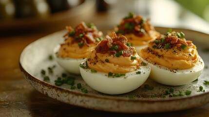 An Exquisite Close-Up of Deviled Eggs Topped with Bacon, Chives, and Olives for the Ultimate Flavor Experience